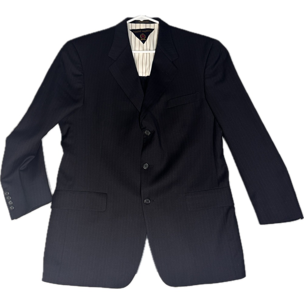 Tommy Hilfiger Mens 40R Navy Blue Pinstripe Wool Blazer Made in USA3 Button Coat